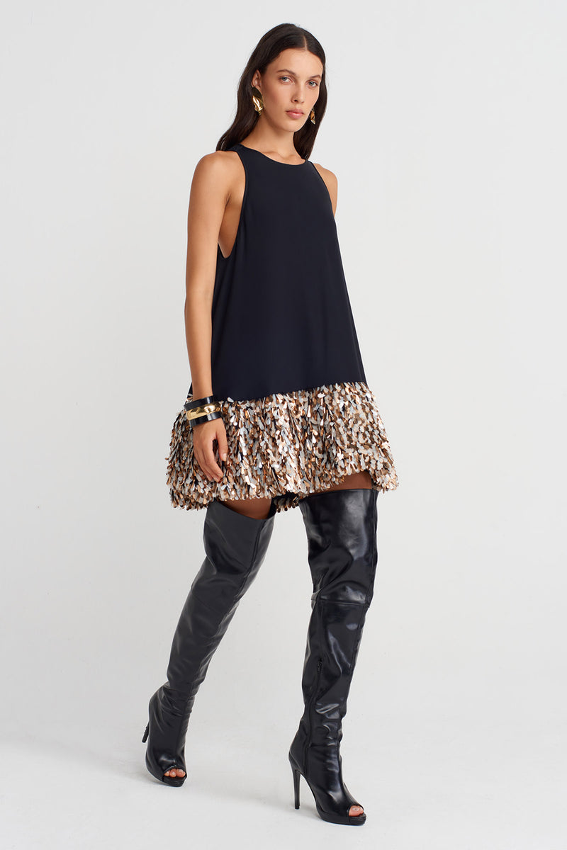 Nu Sequined Hem Halter Neck Mini Dress Black