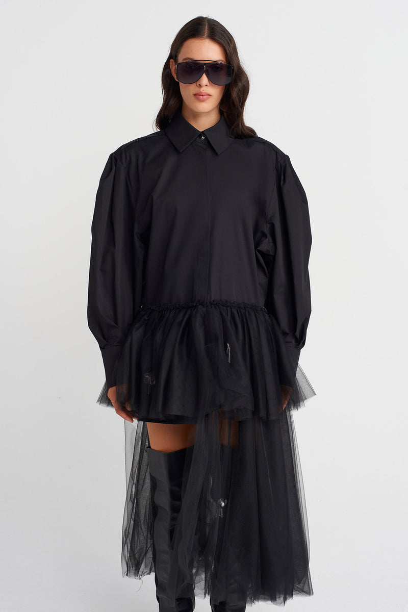 Nu Asymmetric Flared Hem Shirt Dress Black