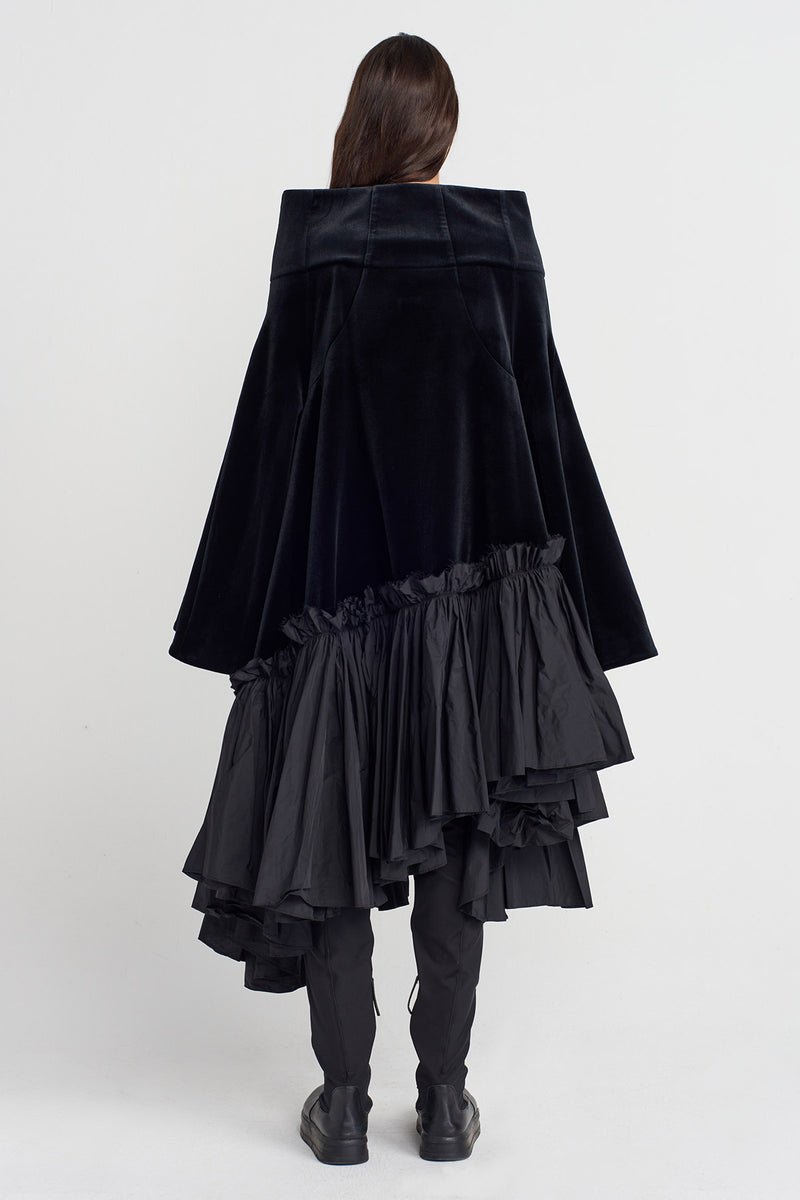 Nu Velvet Flared Dress With Wide Stand Collar Black