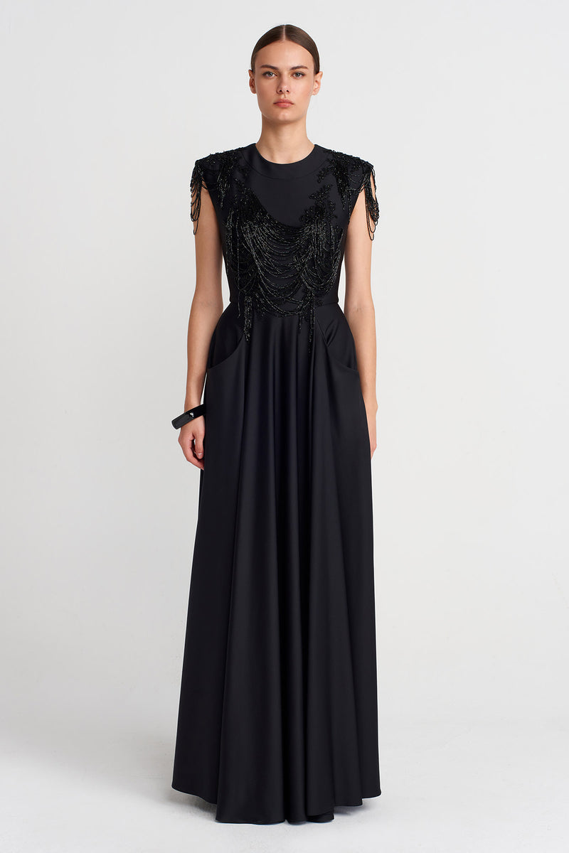 Nu Embellished Draped Maxi Dress Black