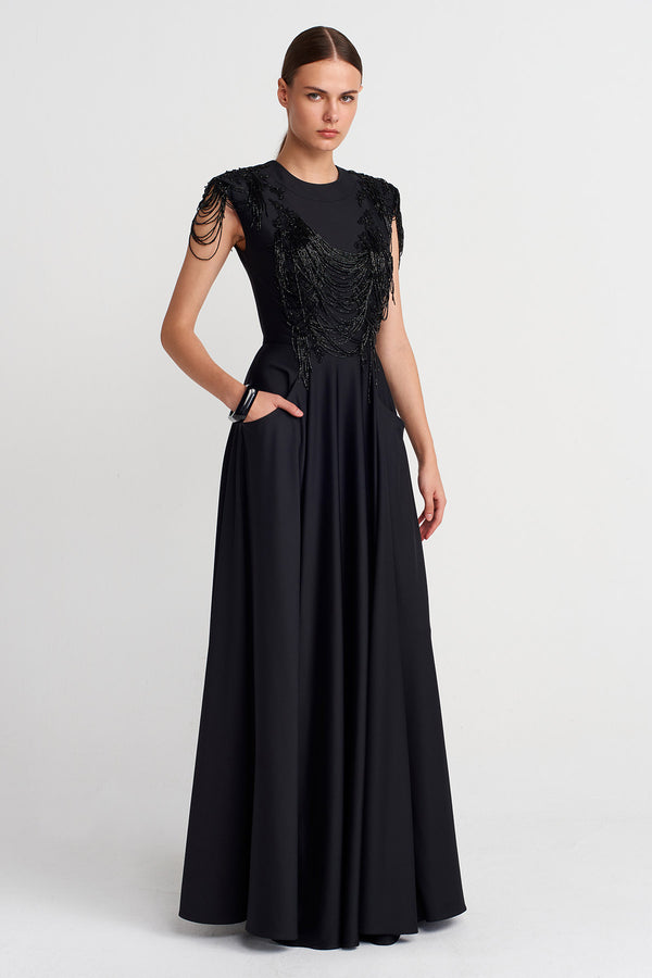 Nu Embellished Draped Maxi Dress Black