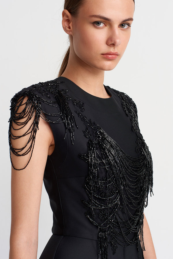 Nu Embellished Draped Maxi Dress Black