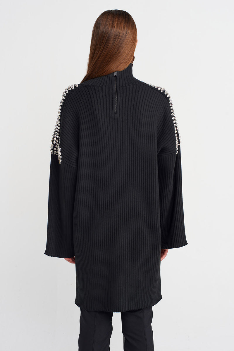 Nu Embellished Knit Mini Dress With Shoulder And Sleeve Stone Details Black