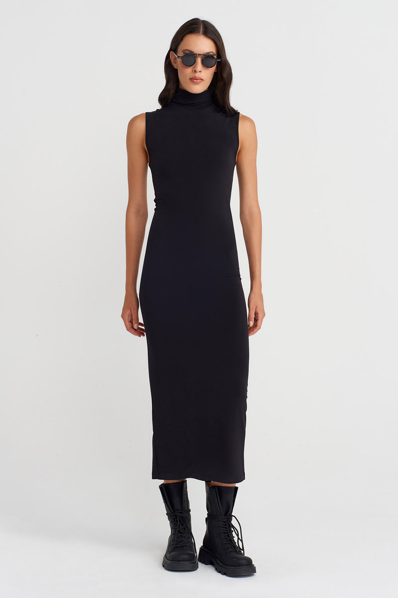 Nu Turtleneck Long Jersey Dress Black
