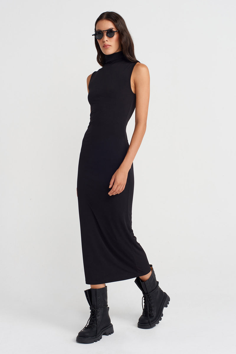 Nu Turtleneck Long Jersey Dress Black