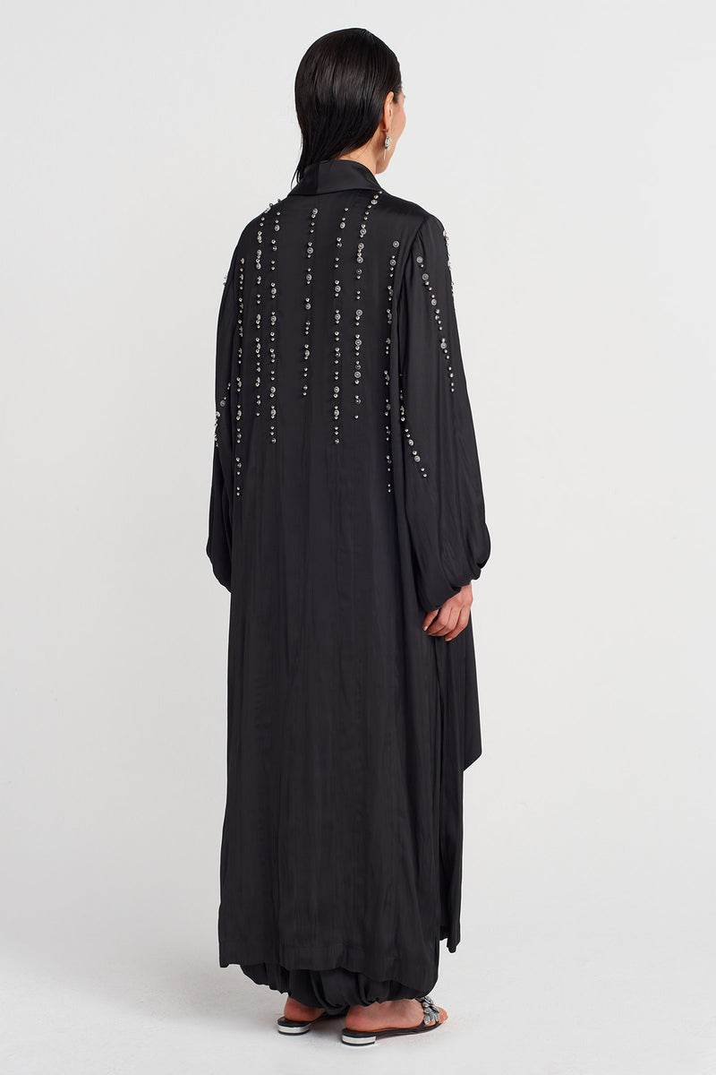 Nu Embroidered Long Kimono With Shawl Collar Black