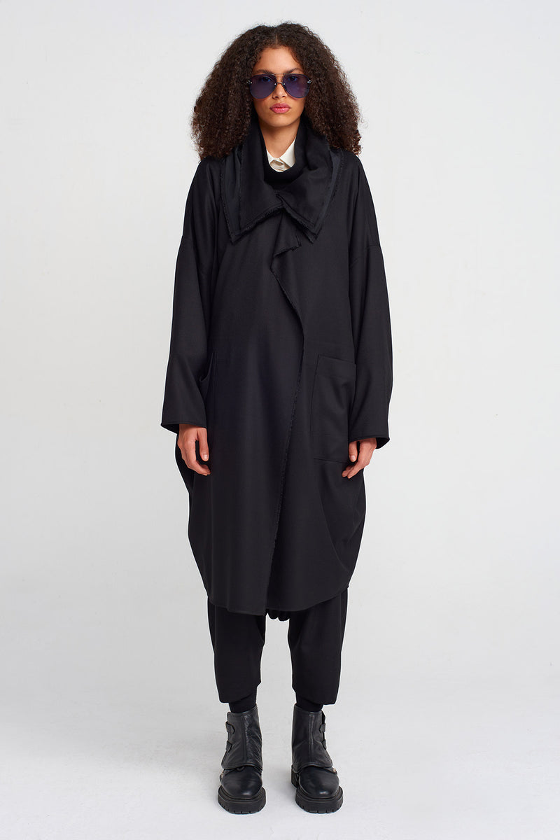 Nu Oversized Collar Wrap Closure Coat Black