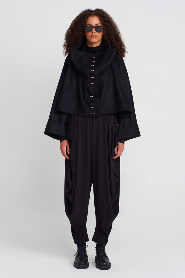 Nu Oversized Dropped Collar Metal Snap Button Jacket Black