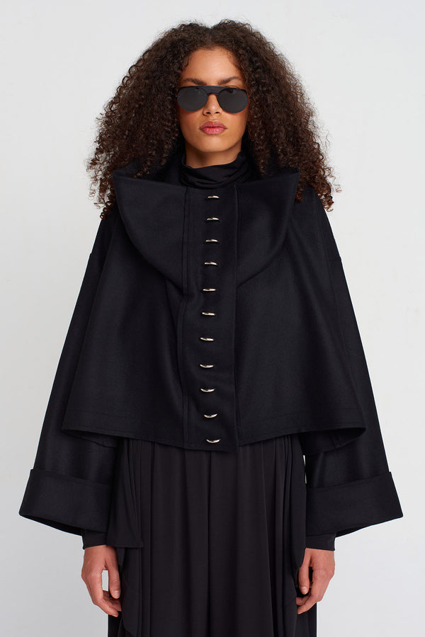 Nu Oversized Dropped Collar Metal Snap Button Jacket Black