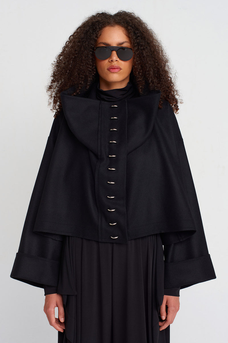 Nu Oversized Dropped Collar Metal Snap Button Jacket Black