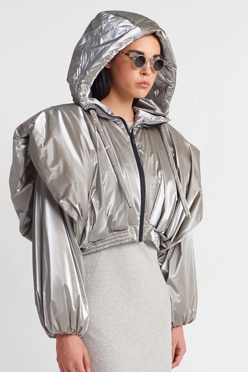 Nu Shiny Hooded Short Puffer Jacket Light Grey Melange