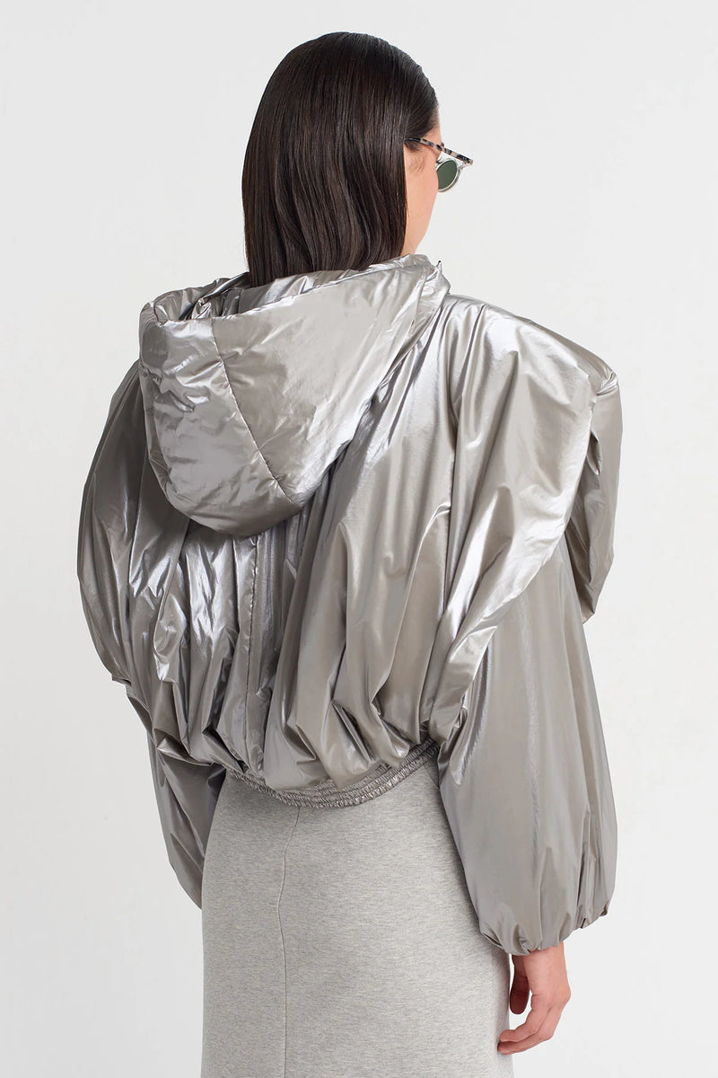 Nu Shiny Hooded Short Puffer Jacket Light Grey Melange