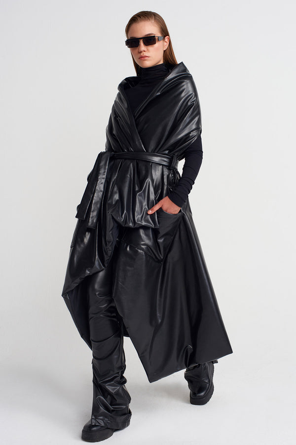 Nu Oversized Pocket Vegan Leather Vest Black