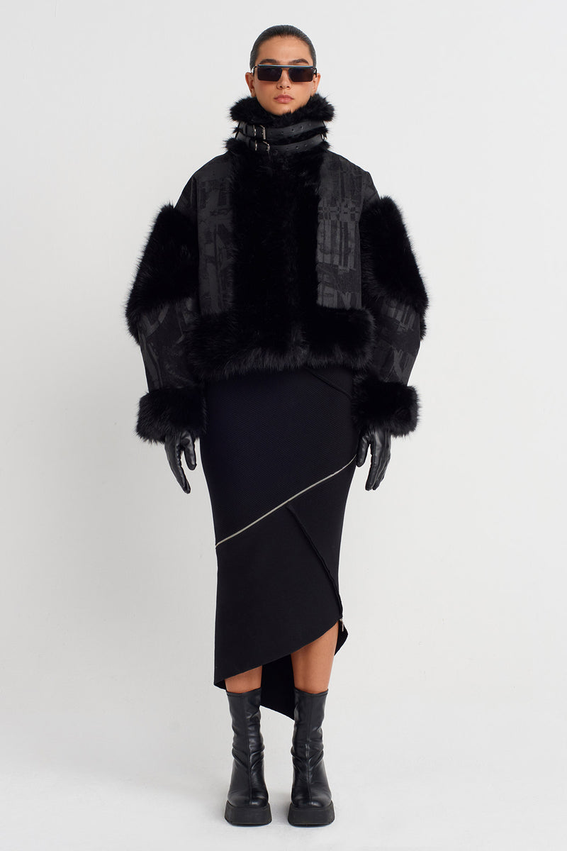 Nu Faux Fur Detailed Printed Jacket Black