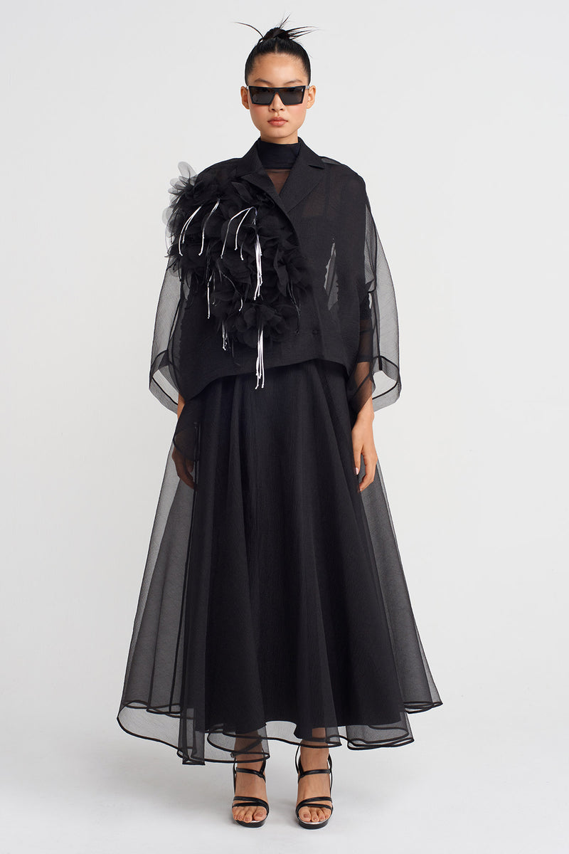 Nu Floral Appliqué Short Organza Jacket Black/Offwhite