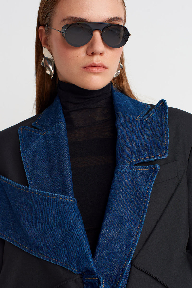Nu Asymmetric Jacket With Denim Details Black