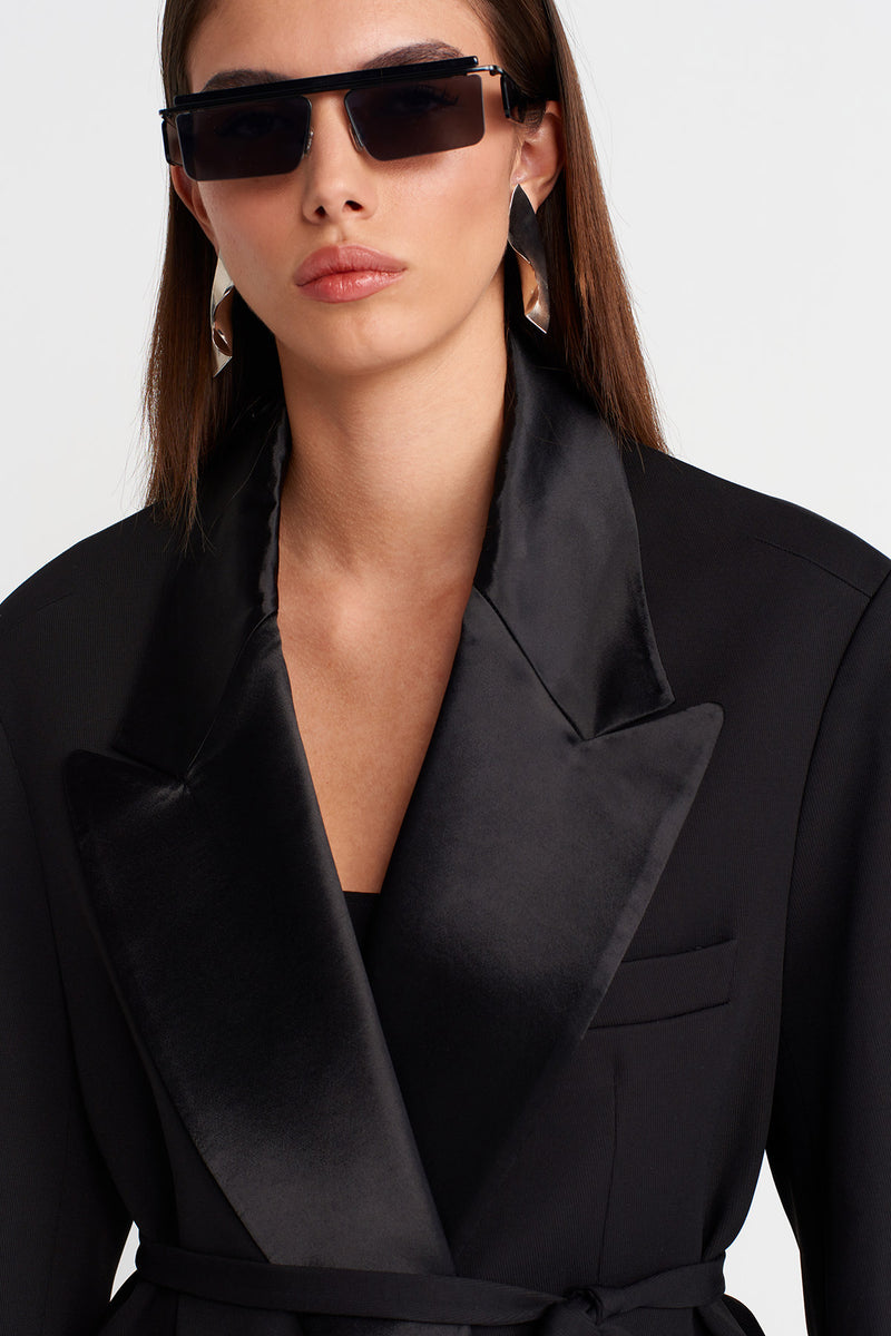 Nu Satin Lapel Belted Blazer Black