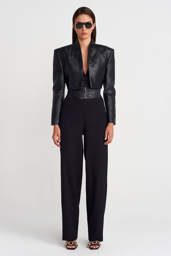 Nu Croc-Texture Cropped Leather Jacket Black