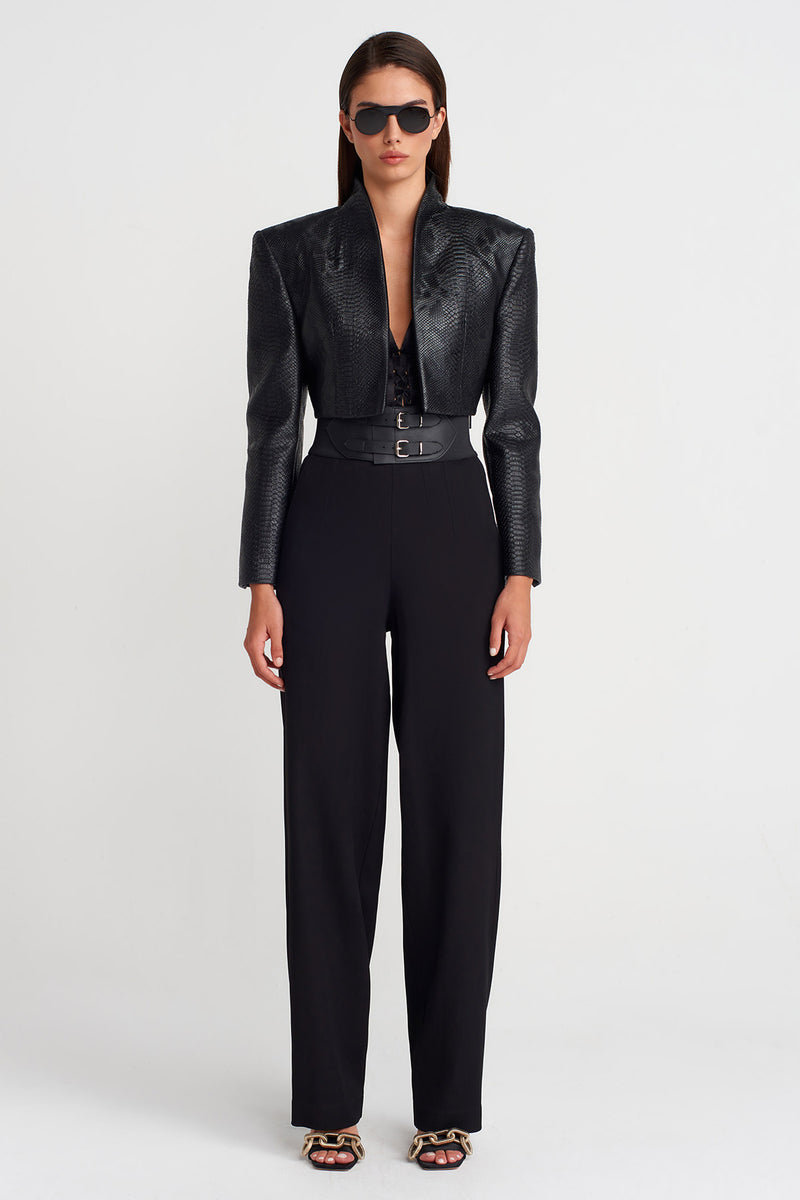 Nu Croc-Texture Cropped Leather Jacket Black