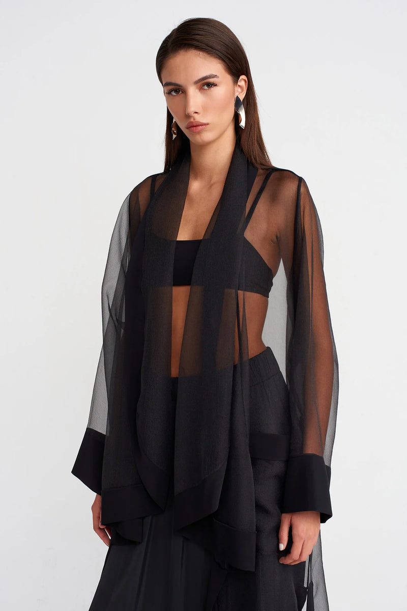 Nu Long Cape-Form Organza Jacket Black