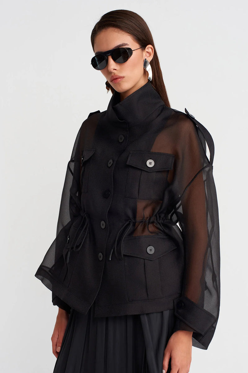 Nu Drawstring Waist Organza Jacket Black