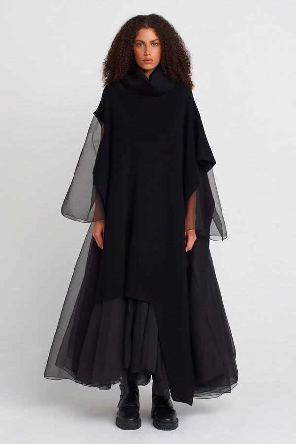 Nu Asymmetric Long Knit Collar Poncho Black