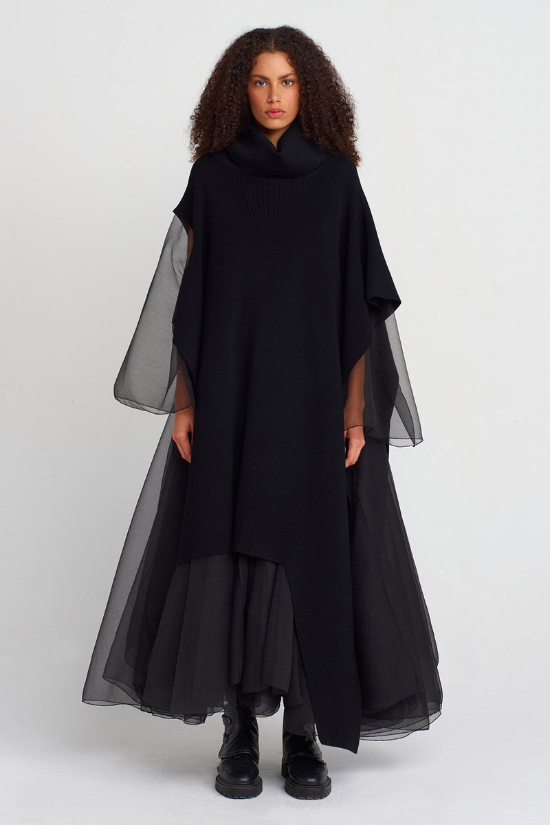 Nu Asymmetric Long Knit Collar Poncho Black