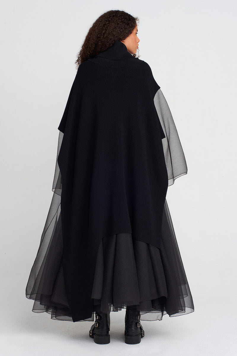 Nu Asymmetric Long Knit Collar Poncho Black