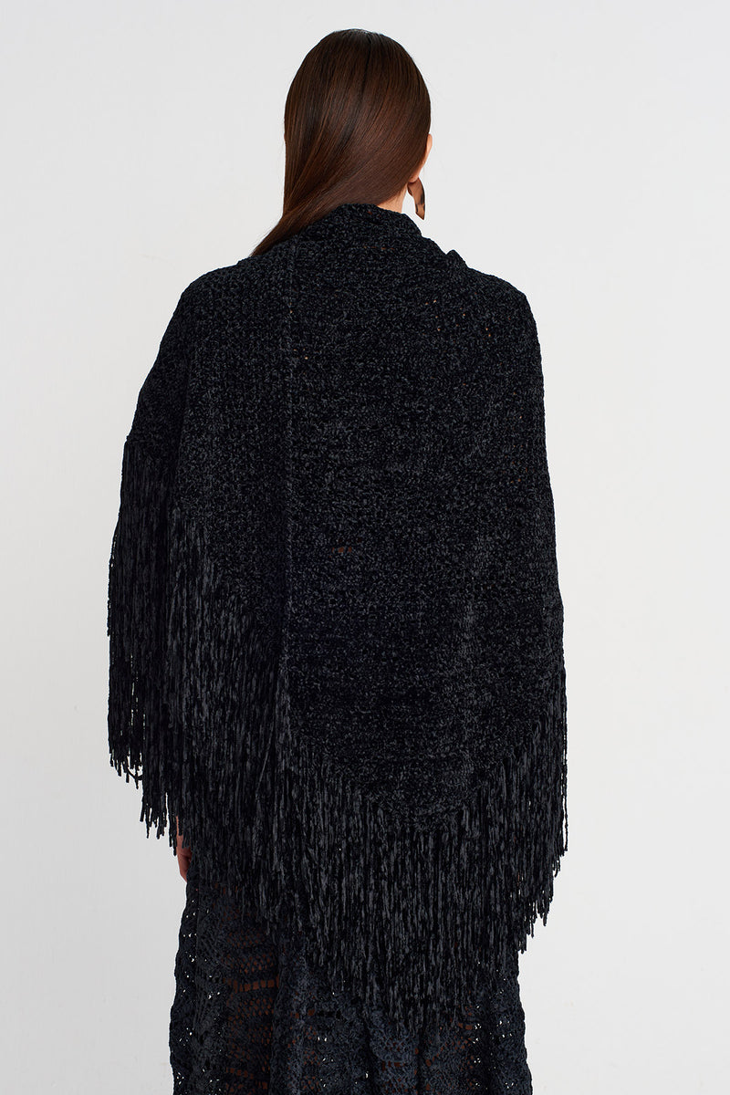 Nu Fringe Detailed Knitted Shawl Black