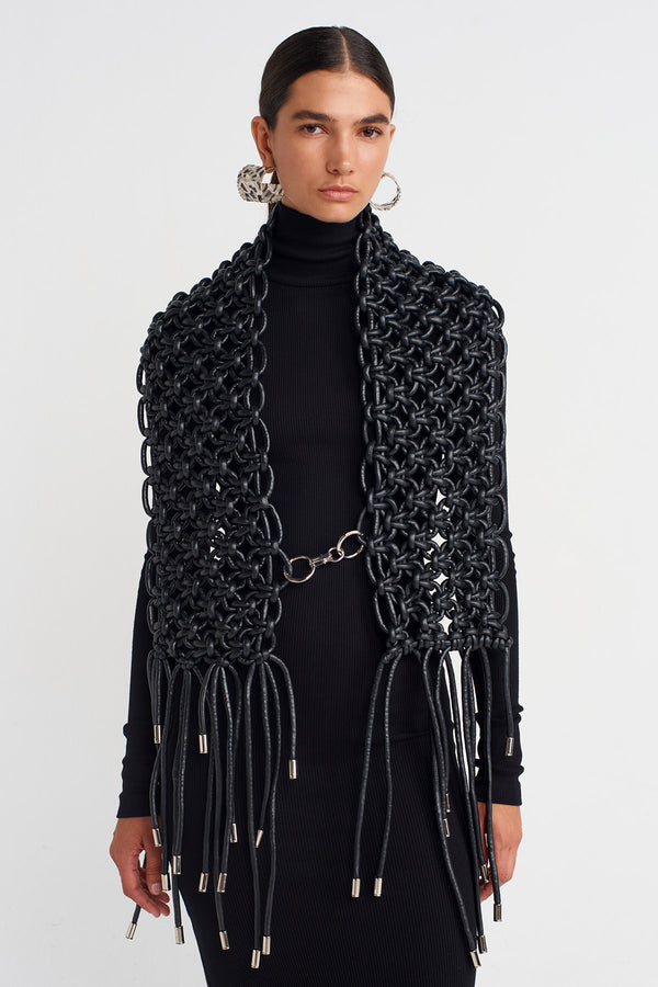 Nu Macramé Shoulder Piece With Metal-Tipped Fringes Black