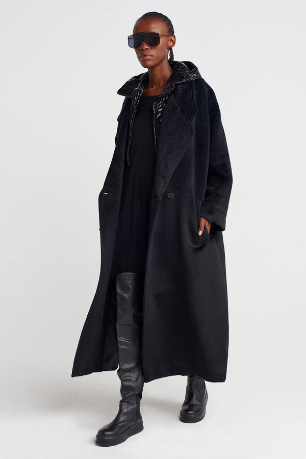 Nu Long Fuzzy Coat With Shiny Hood Detail Black
