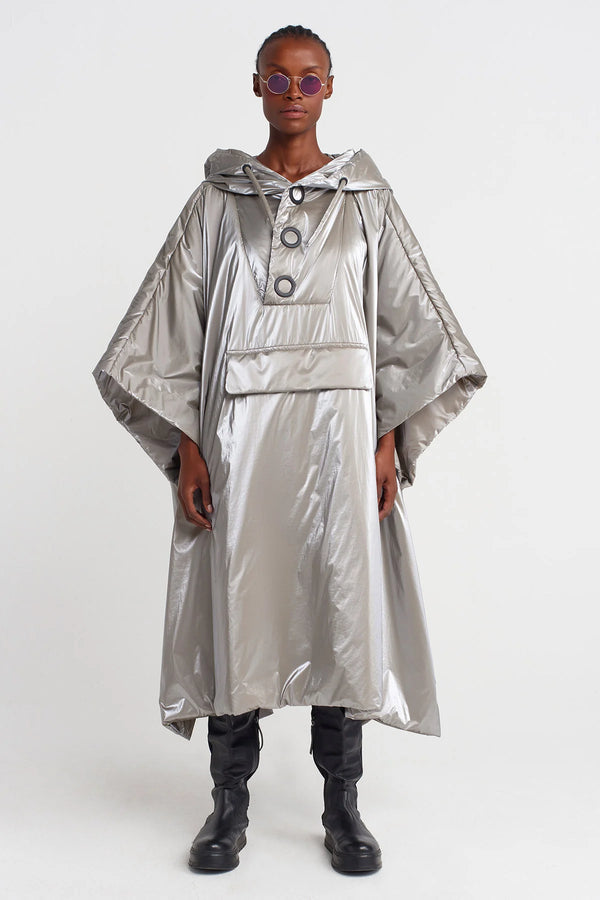 Nu Shiny Long Hooded Raincoat Light Grey Melange
