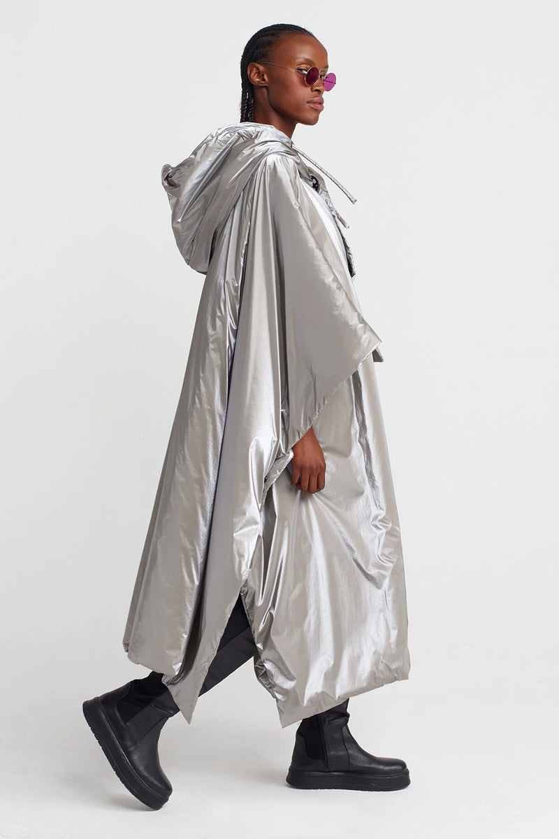 Nu Shiny Long Hooded Raincoat Light Grey Melange