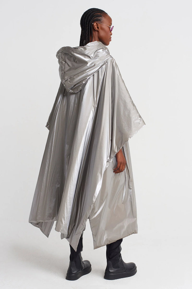 Nu Shiny Long Hooded Raincoat Light Grey Melange