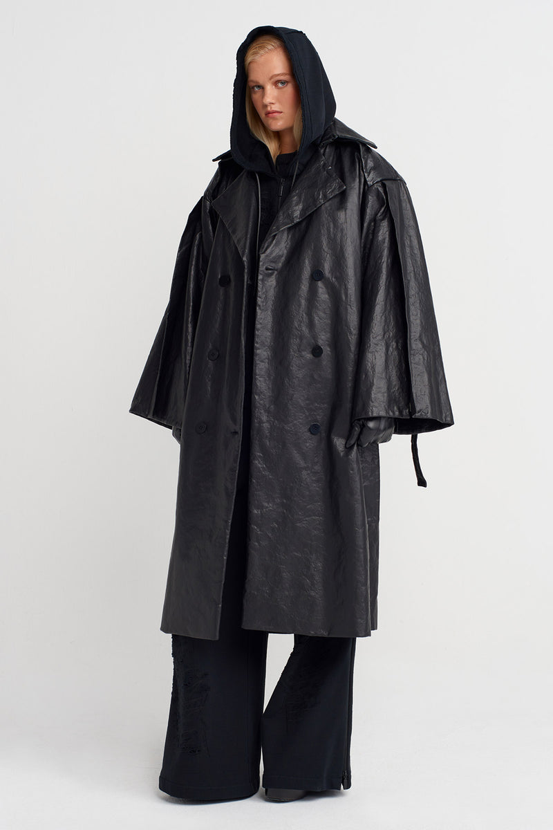 Nu Oversized Leather Trench Coat Black