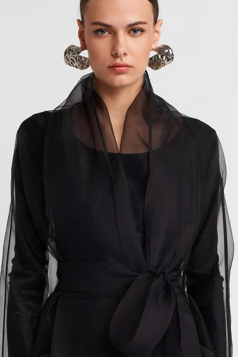 Nu Long Belted Organza Jacket Black
