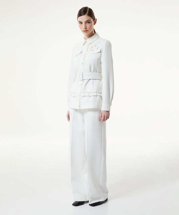 Machka Belted Coat With Floral Embroidery White