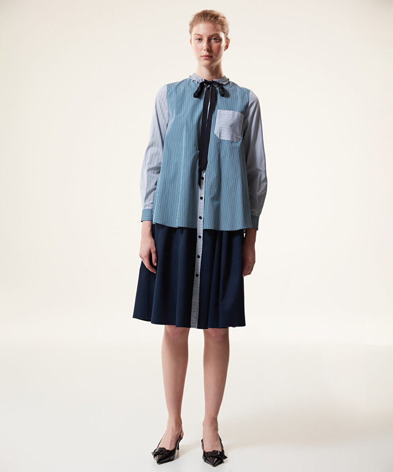 Machka Line Pattern Mix Poplin Dress Navy Blue