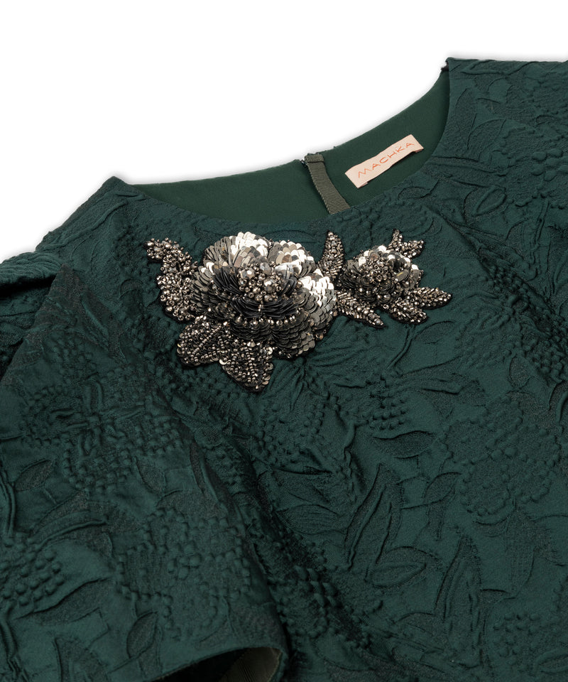 Machka Jacquard Floral Module Embroidered Dress Dark Green