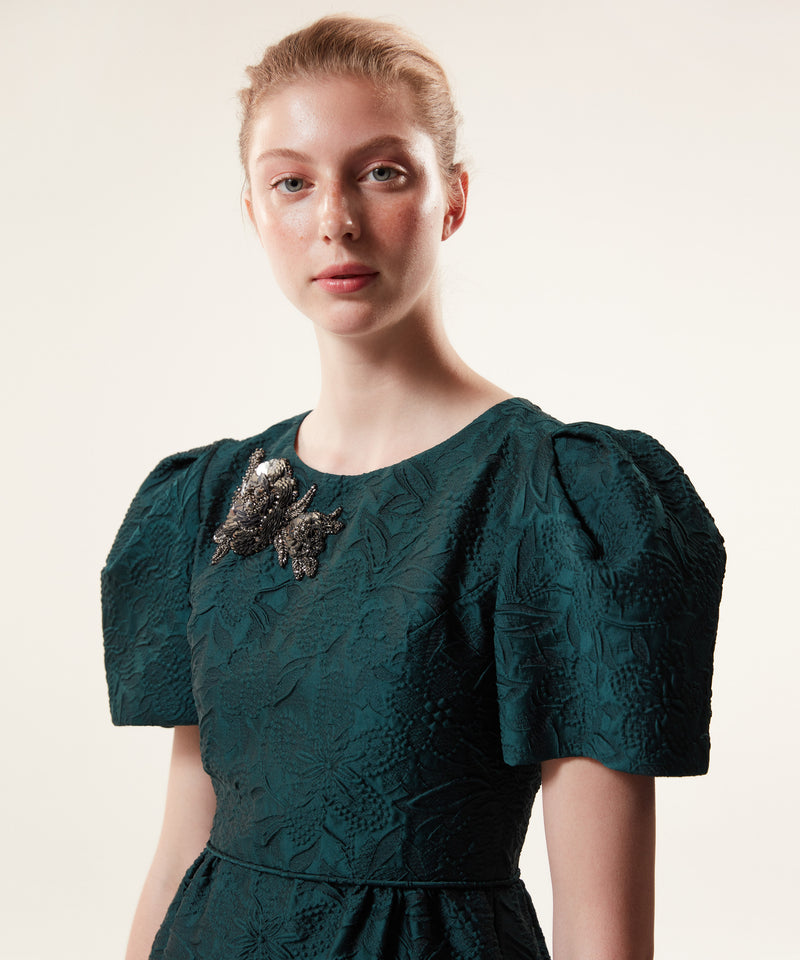 Machka Jacquard Floral Module Embroidered Dress Dark Green