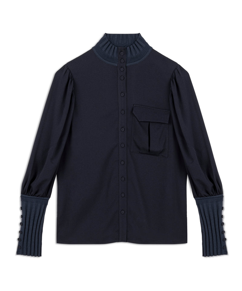 Machka Ribbed Detail Solid Blouse Navy Blue