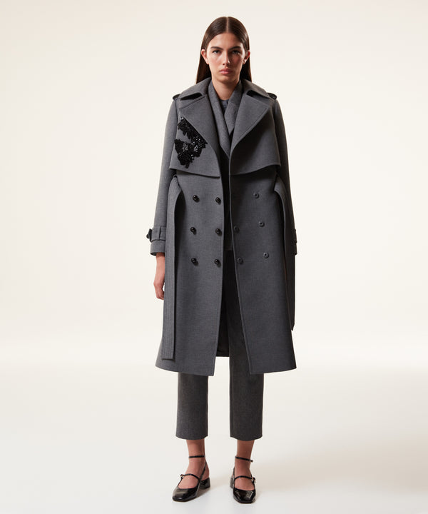 Machka Embroidered Detail Belted Coat Anthracite