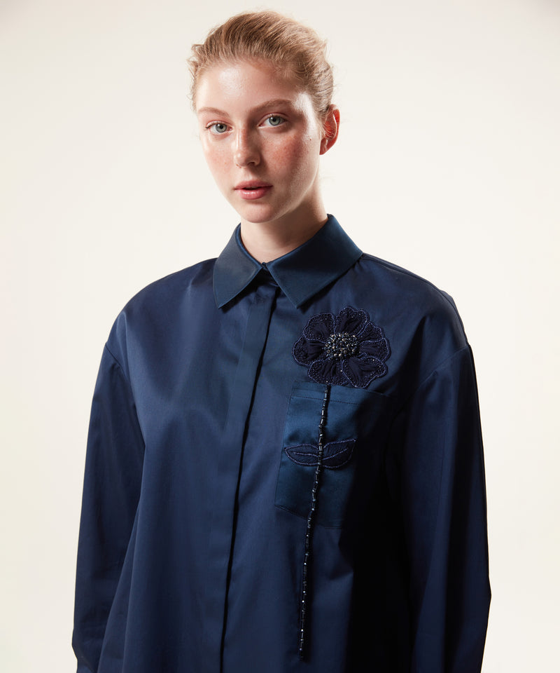 Machka Floral Embroidered Poplin Shirt Navy Blue
