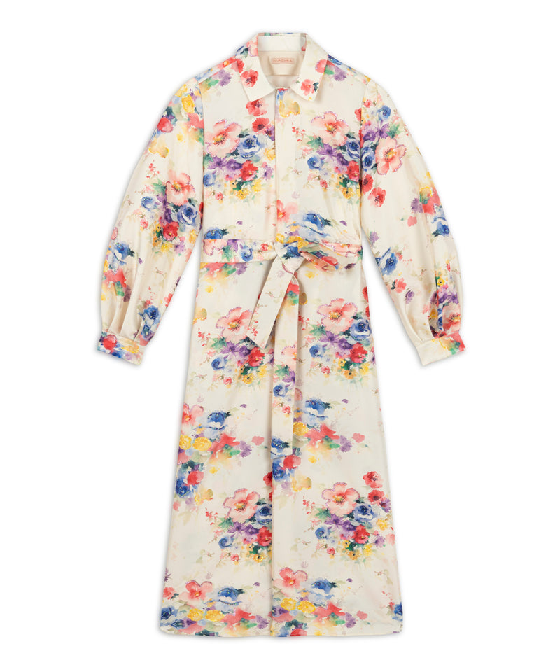 Machka Floral Pattern Shirt Collar Dress Off White