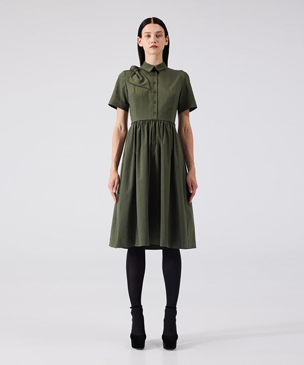 Machka Wool Blend Bow Dress Olive Green