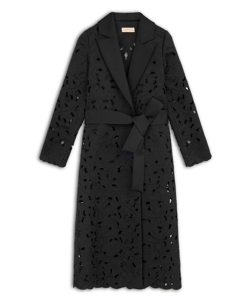 Machka Floral Embroidery Belted Coat Black