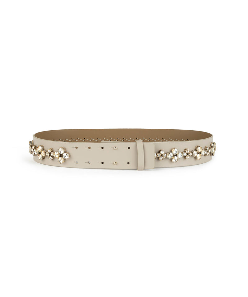 Machka Crystal Stone Leather Belt Beige