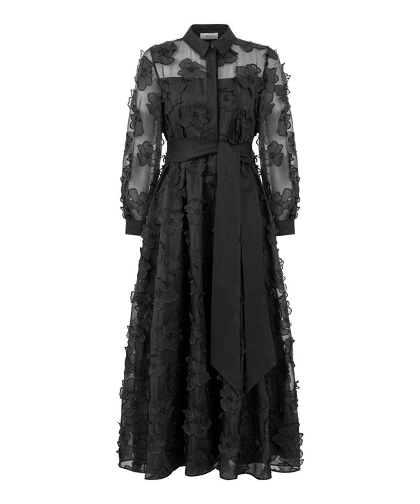 Machka Floral Applique Belted Dress Champagne
