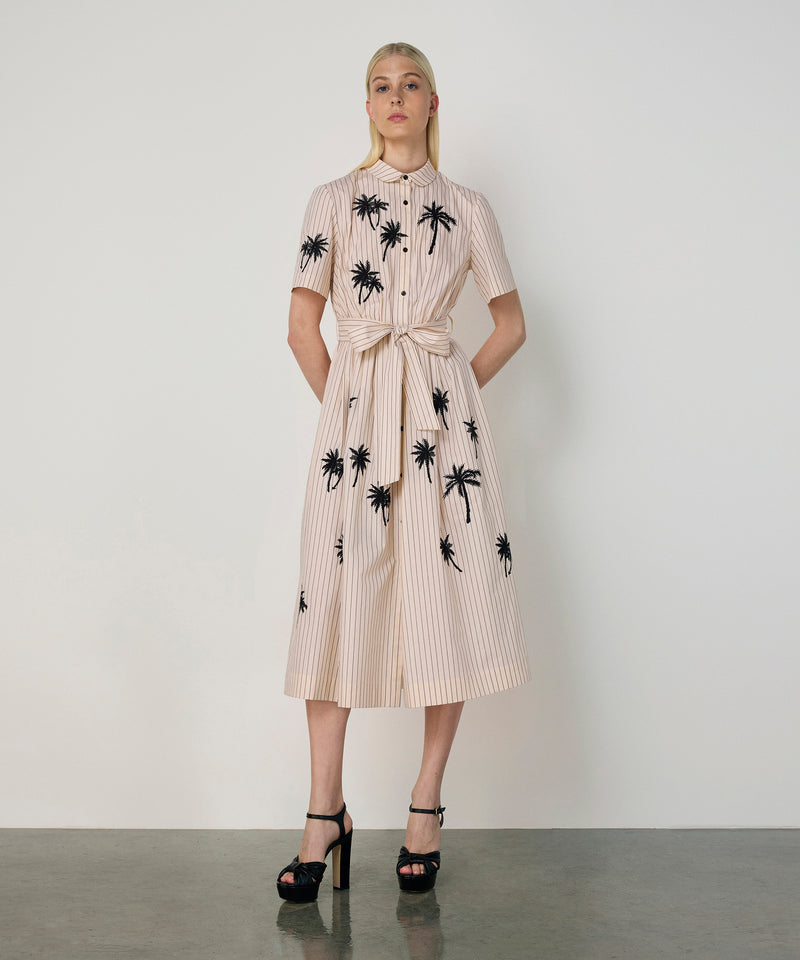 Machka Palm Embroidered Shirt Dress Beige