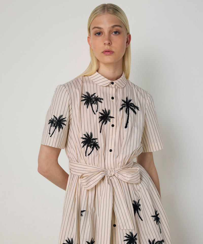 Machka Palm Embroidered Shirt Dress Beige
